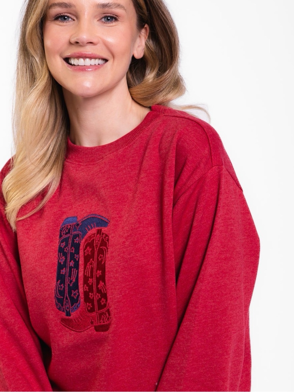 NWT Love in Faith Sweatshirt Embroidered Cowboy Boot Red Blue Sweater